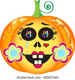 Illustration of smiling Halloween pumpkin with  colorful eyes, blond hair, red lips, heart tattoo, tears and cheeks decorated with flowers