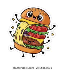 Ilustración de una hamburguesa sonriente con rasgos antropomórficos y ojos grandes