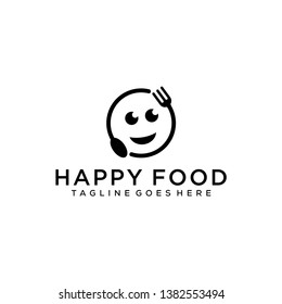 Illustration smiling happy face with spoon and fork delicious food logo design