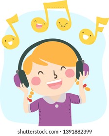 Ilustración de una niña sonriente y feliz escuchando música, usando audífonos con notas musicales felices