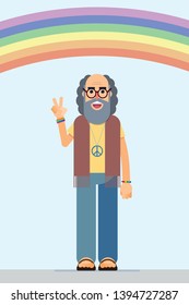 illustration of a smiling hippie with the peace symbol