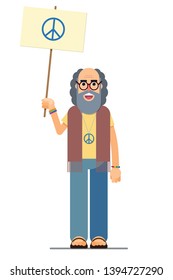 illustration of a smiling hippie with the peace symbol