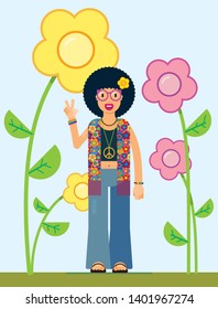 illustration of a smiling hippie with the peace symbol