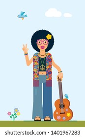 illustration of a smiling hippie with the peace symbol