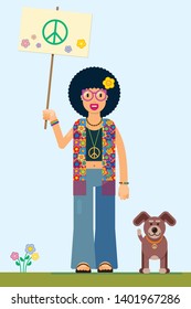 illustration of a smiling hippie with the peace symbol