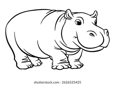 Illustration of a smiling hippopotamus. Black outline art for coloring page and children's art projects