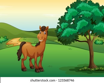 Illustration of a smiling horse in a beautiful nature