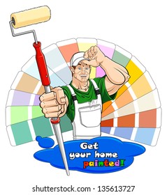 Illustration Of A Smiling House Painter With Paint Roller. Below Him There Is A Paint Stain With Text: You Can Clear It And Write Your One. Color Guide On The Background.