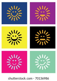 Illustration of smiling human faces showing diverse moods. Each sun has different color backgrounds.
