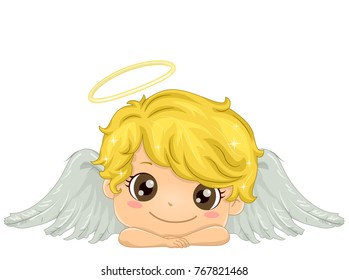 Illustration of a Smiling Kid Boy Angel with White Wings and Gold Halo