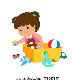 Illustration of smiling kid girl storing his toys in the box.