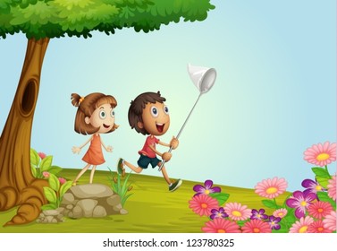 Illustration of smiling kids in a beautiful nature