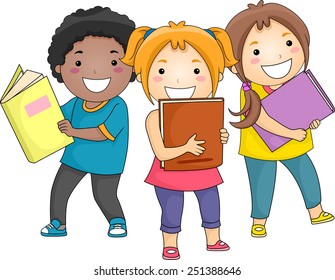 Illustration of Smiling Kids Carrying Thick Books