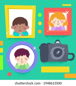 Illustration of Smiling Kids From Inside Frames with Camera