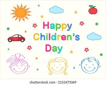 illustration of smiling kids near happy childrens day lettering on white