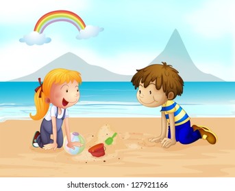 Illustration of a smiling kids on the beach and a rainbow