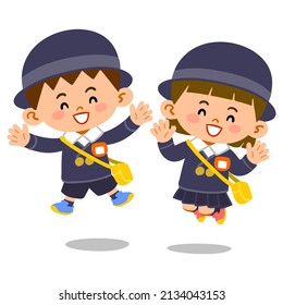 Illustration of a smiling kindergarten boy and girl jumping