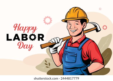 Illustration of a smiling labor with yellow hat holding a hammer, floral background. Happy labor day illustration