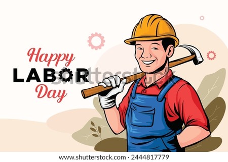 Illustration of a smiling labor with yellow hat holding a hammer, floral background. Happy labor day illustration