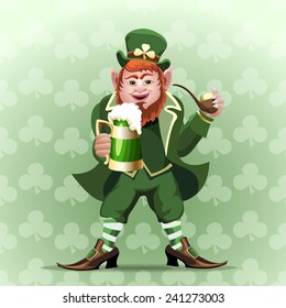 Illustration of smiling leprechaun with green beer mug and smoking pipe