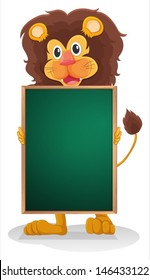 Illustration of a smiling lion holding an empty board on a white background 