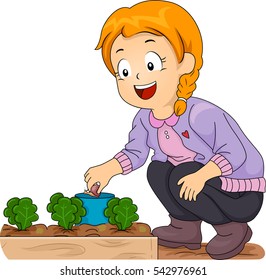 Illustration of a Smiling Little Girl Picking Snails Off Her Vegetable Garden