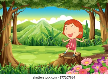 Illustration of a smiling little girl standing above the stump