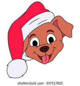 Illustration of the smiling little puppy with Santa hat