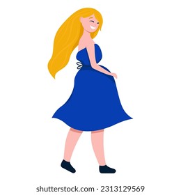 Illustration with a smiling long-haired girl in a dress, blue and yellow, vector