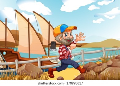 Illustration of a smiling lumberjack walking with an axe