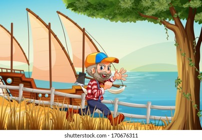 Illustration of a smiling lumberjack walking while carrying an axe