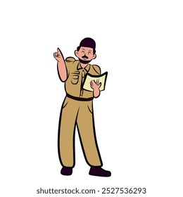 Illustration of a Smiling Male Character in a Brown Uniform Holding a Book While Giving Instructions