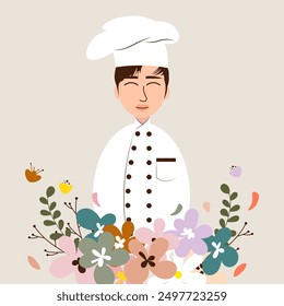 Illustration of smiling male chef with floral frame