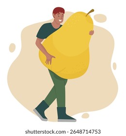 Ilustração de um homem sorridente carregando uma pera enorme com ambas as mãos. A divertida arte vetorial captura um momento alegre cheio de diversão e criatividade.