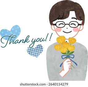 Illustration of a smiling man holding a bouquet of flowers Father's Day Birthday