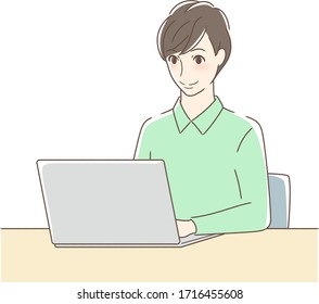 Illustration of a smiling man operating a laptop