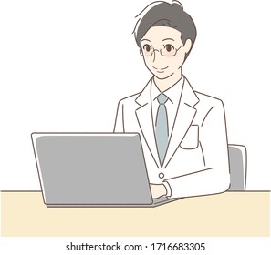 Illustration of a smiling man operating a laptop