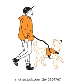 Illustration of a smiling man in an orange hoodie walking a happy dog. The scene illustrates companionship on a simple white background.