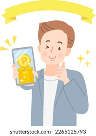 Illustration of smiling man poi activity with smartphone