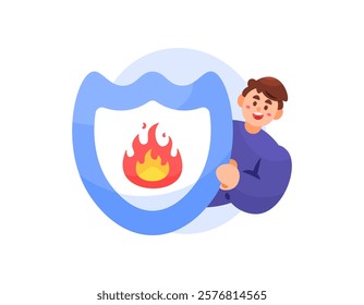 illustration of a smiling man with a shield and fire symbol. fire insurance concept. protection for fire victims. incident. gesture and expression. flat style character design. elements