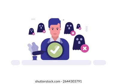 Illustration of a smiling man with short hair in a blue suit. He holds a magnifying glass with a green check mark in the center.