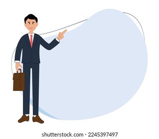 illustration of smiling man showing hand at direction. close up portrait of cartoon businessman, isolated on white background