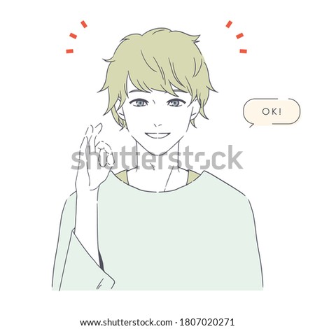 It is an illustration of a smiling man who makes an OK sign. It is a vector image.