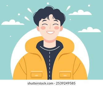 Ilustración de hombre sonriente en chaqueta amarilla con fondo azul
