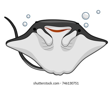 Illustration of a Smiling Manta Ray with Bubbles