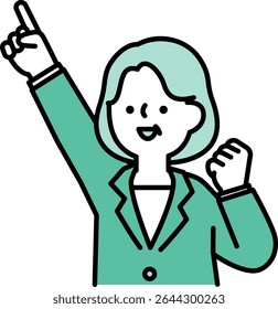 Illustration of a smiling middle-aged businesswoman posing with her arms raised