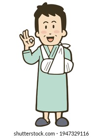 Illustration of a smiling middle-aged man in the hospital with a broken arm. Vector illustration on white background.