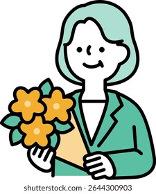 Illustration of a smiling middle-aged woman in a suit holding a bouquet of flowers