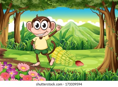 Illustration of a smiling monkey at the forest with bananas