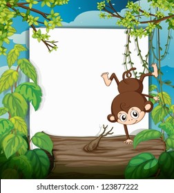 Ilustración de un mono sonriente y una pizarra blanca en una hermosa naturaleza